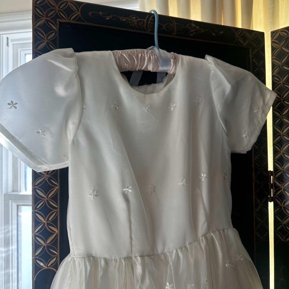 Girls Formal Silk White Dress with Floral Embroidery - Picture 3 of 14